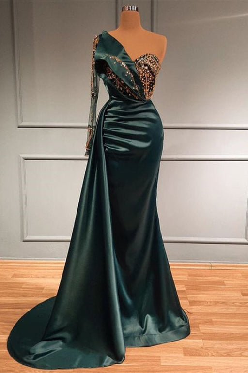 Dark Green Beads Mermaid Long Lace Sleeves Evening Dress with Appliques