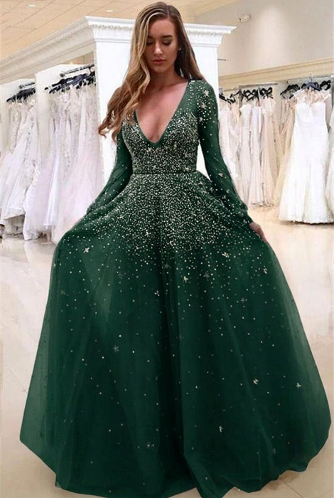 Dark Green Bridelily A-line Long Sleeves V-neck Floor-length Tulle Pearls Prom Dresses