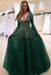 Dark Green Bridelily A-line Long Sleeves V-neck Floor-length Tulle Pearls Prom Dresses