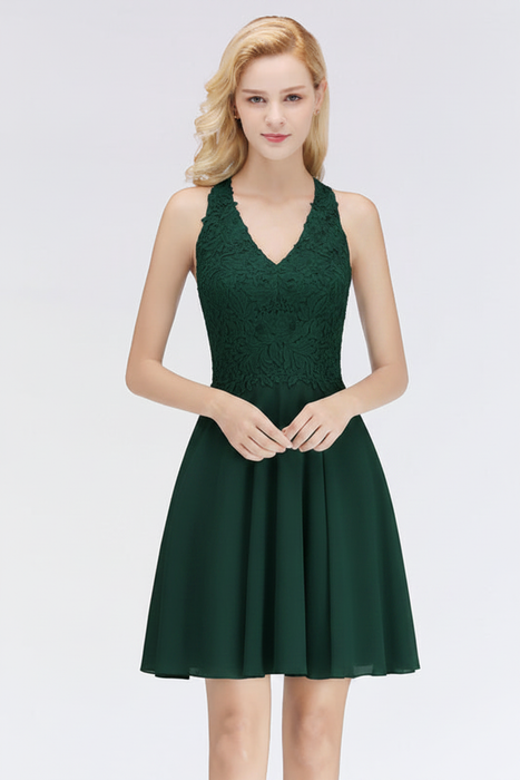 Dark Green V-Neck Short Lace Bridesmaid Dresses