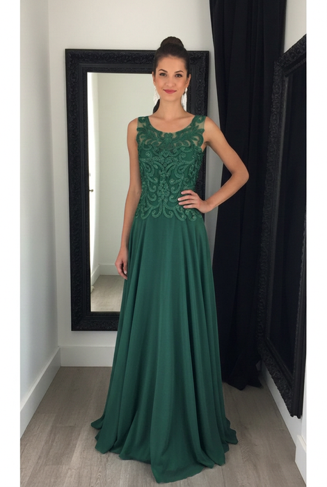 Dark Green Chiffon A-Line Prom Dress Scoop Neck with Lace Appliques