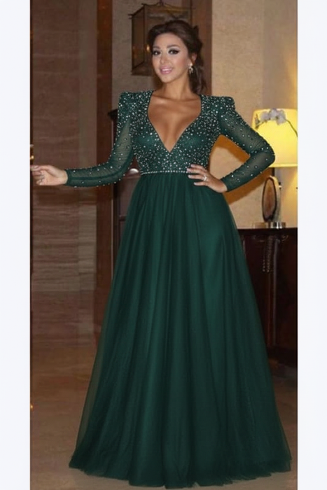 Dark Green Elegant Long Sleeve Formal Dress with Beads A Line Sparkle V Neck Evening Dresses - Prom Dresses