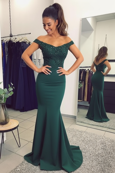 Dark Green Elegant Off-the-Shoulder Mermaid Lace Beadings Long Evening Dress - Prom Dresses
