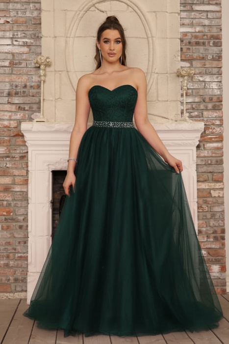 Dark Green Elegant Strapless Sweetheart Tulle Ball Gown Prom Dress Long - Prom Dresses