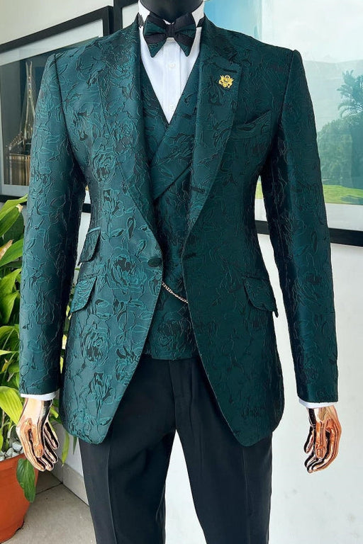 Dark Green Jacquard Notched Lapel Three Pieces Prom Suits-Bridelily