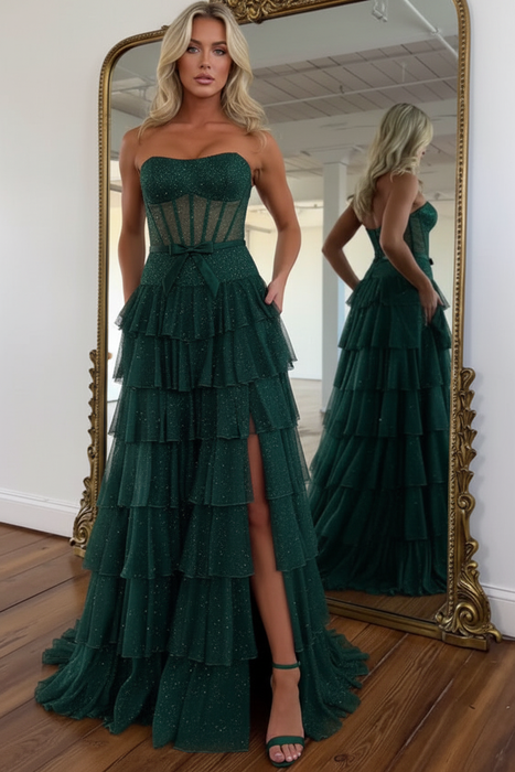 Dark Green Glitter Strapless Tiered Ruffle Corset Prom Dress Long with Slit
