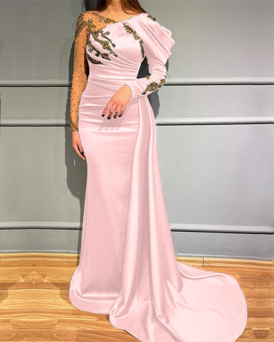 Dark Green Long Sleeves Mermaid Evening Dress with Beads Appliques