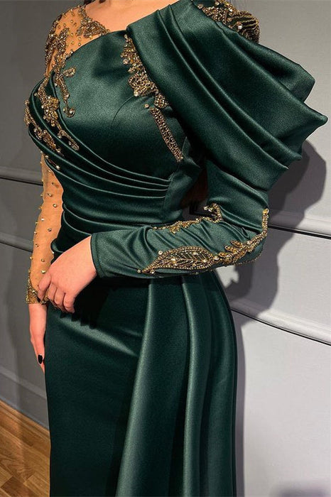 Dark Green Long Sleeves Mermaid Evening Dress with Beads Appliques