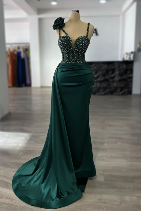 Dark Green Luxury Glitter Rinstones Mermaid Prom Dresses Sleeveless with Sweep Train - Prom Dresses