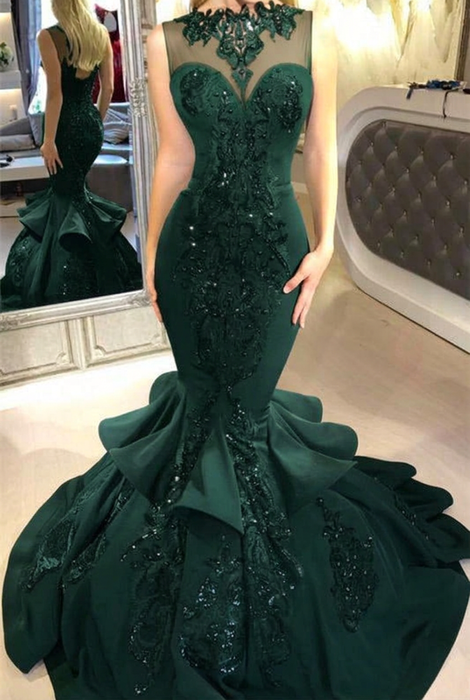 Dark Green Mermaid Beads Prom Dresses Appliques Evening Dresses