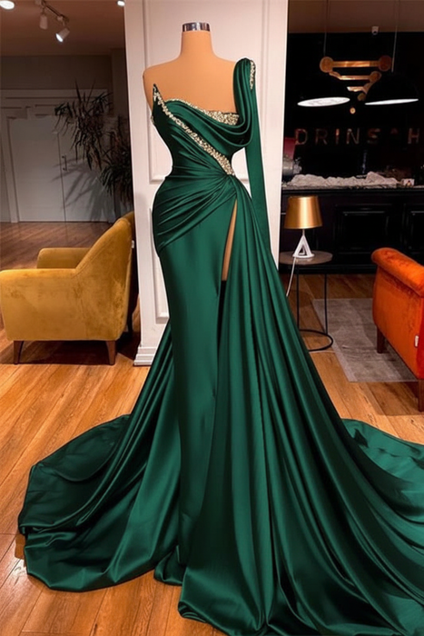 Dark Green One Shoulder Mermaid Prom Dress Beaded with Split
