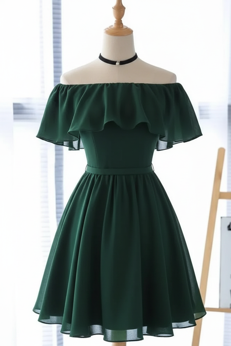 Dark Green Off Shoulder Chiffon Homecoming Dress