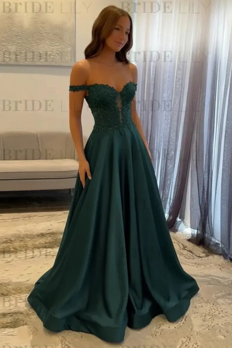 Dark Green Off-the-Shoulder A-line Evening Dress Lace Prom Dress Long