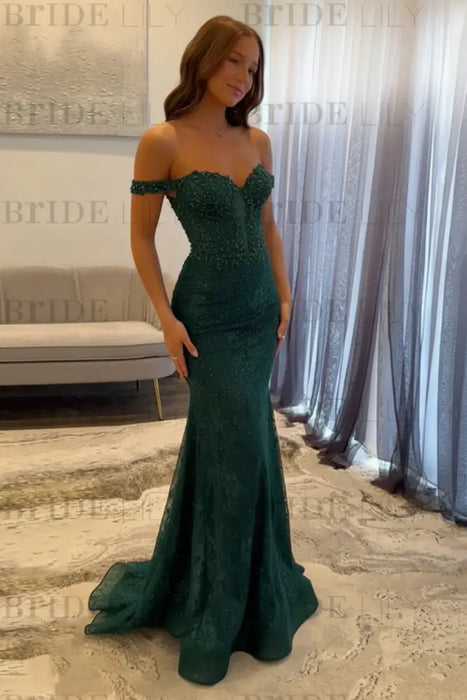 Off-the-Shoulder Mermaid Evening Dress with Lace | Long Prom Dress - Bridelily Off-the-Shoulder Mermaid Evening Dress with Lace | Long Prom Dress - Bridelily