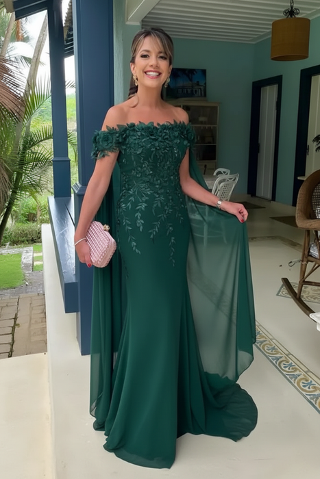 Dark Green Off-The-Shoulder Mermaid Chiffon Wedding Guest Dresses Long with Appliques - Prom Dresses