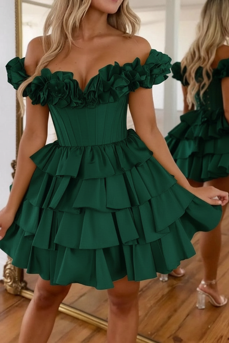 Dark Green Off-the-Shoulder Satin Corset Graduation Dress Short Cocktail Dress