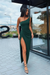 Dark Green Chic One-Shoulder Evening Gown with Front Slit and Sleeveless Design