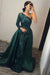 Dark Green One Shoulder Mermaid Prom Dress with Overskirt, Long Sleeve, and Sequins
