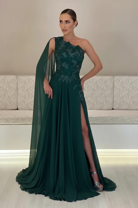 Dark Green One-Shoulder Sleeveless Chiffon Evening Dresses Long with Side Slit - Prom Dresses