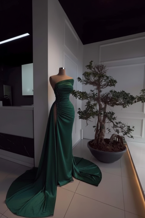 Dark Green Pearl Strapless Prom Dress with Long Slit