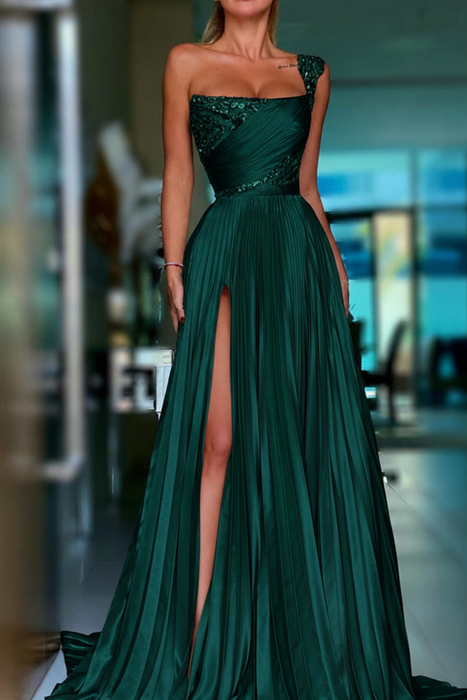 Dark Green Pleated A-Line One Shoulder Prom Dress Gown with Front Split - Prom Dresses