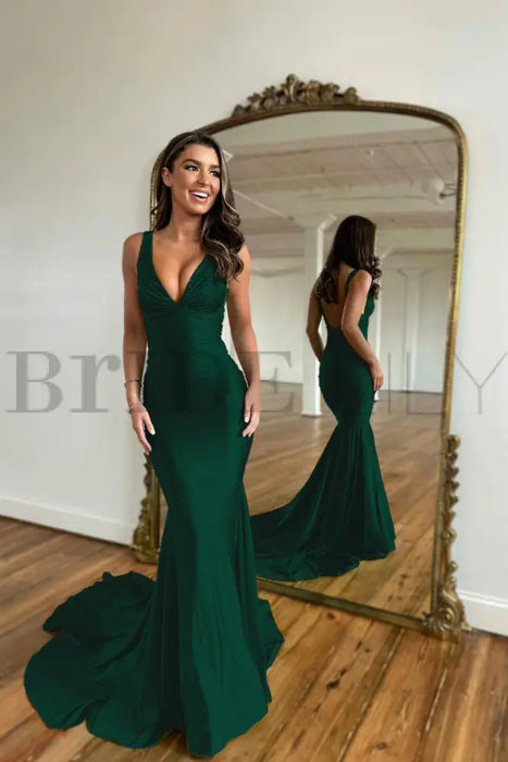 Dark Green Prom Dress Mermaid V Neck Long Evening Dress with Beadings - Prom Dresses