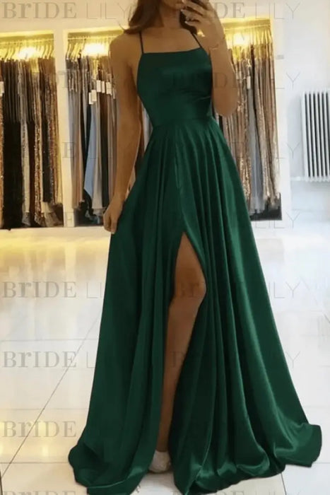 Dark Green Simple Prom Dress Long With Spaghetti Straps Front Slit Satin Evening Dress