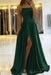 Dark Green Simple Prom Dress Long With Spaghetti Straps Front Slit Satin Evening Dress