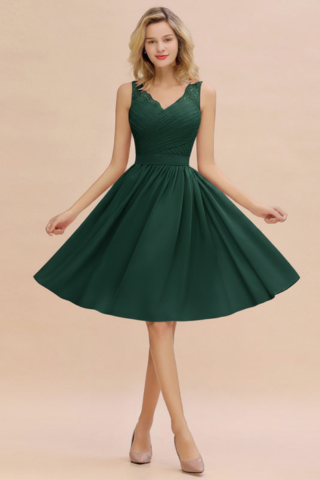 Dark Green Ruffle Chiffon Short Bridesmaid Dress Sleeveless V-Neck Aline Knee Length Homecoming Dress - Prom Dresses