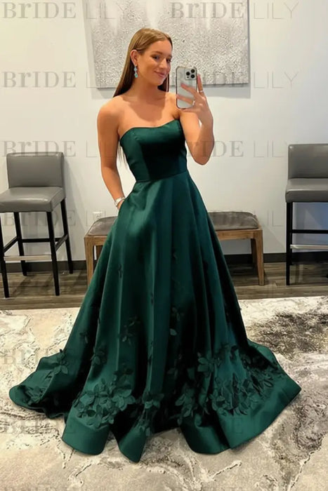 Light Blue Satin A-Line Prom Dress 3D Flowers & Pocket