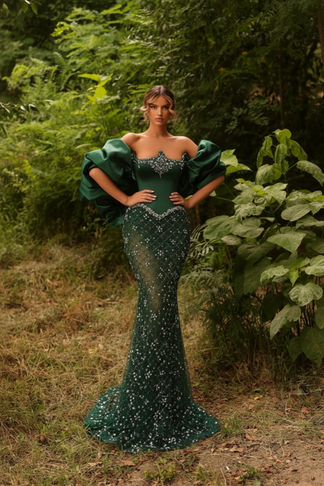 Dark Green Satin Mermaid Evening Gown Beadings Floor Length Party Dress with puffy Sleeves