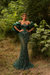 Dark Green Satin Mermaid Evening Gown Beadings Floor Length Party Dress with puffy Sleeves