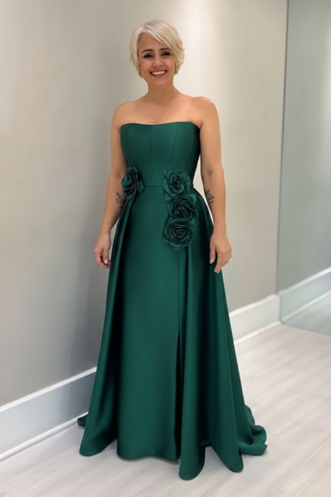 Dark Green Satin Mother of the Bride Dress Strapless with Flowers - Prom Dresses