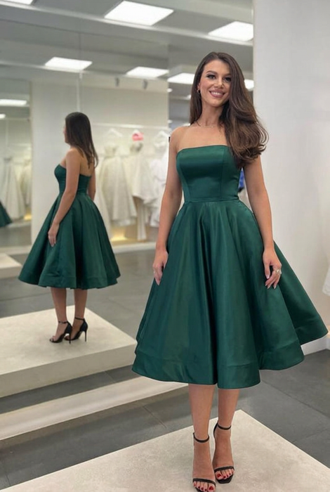 Dark Green Satin Strapless Prom Dress