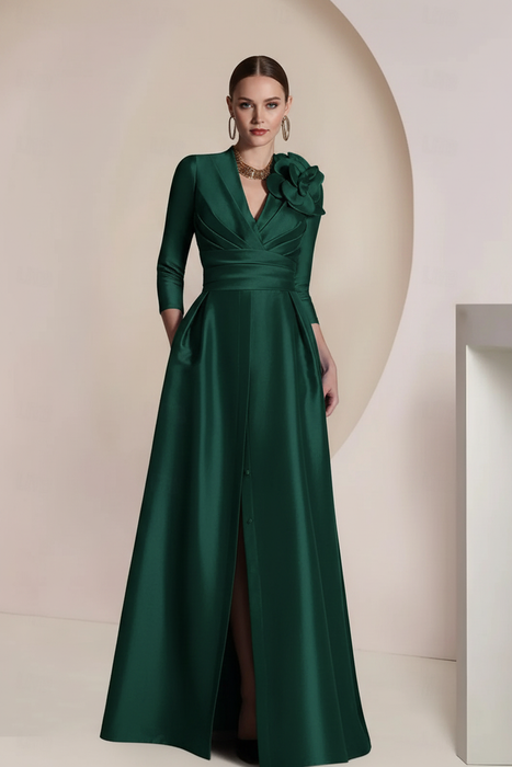 Dark Green Satin V-Neck Mother of the Bride Dress with 3/4 Sleeves with Split Front