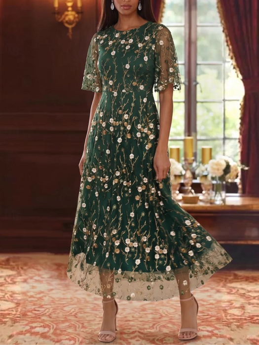 Dark Green Scoop Neck Lace Embroidery Mother of the Bride Dresses Floral
