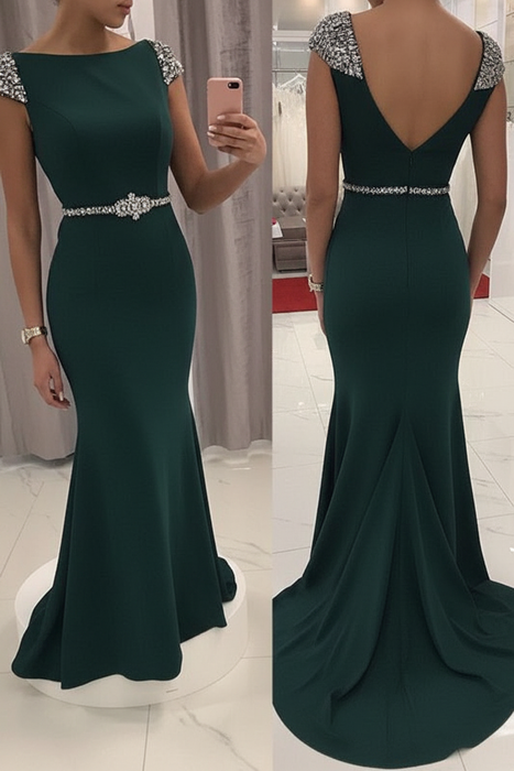 Dark Green Sequined Fitted Cap Sleeve Mermaid Prom Dress Formal Gown - Prom Dresses