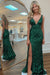Dark Green Sequins V Neck Backless Sleeveless High Slit Prom Dress