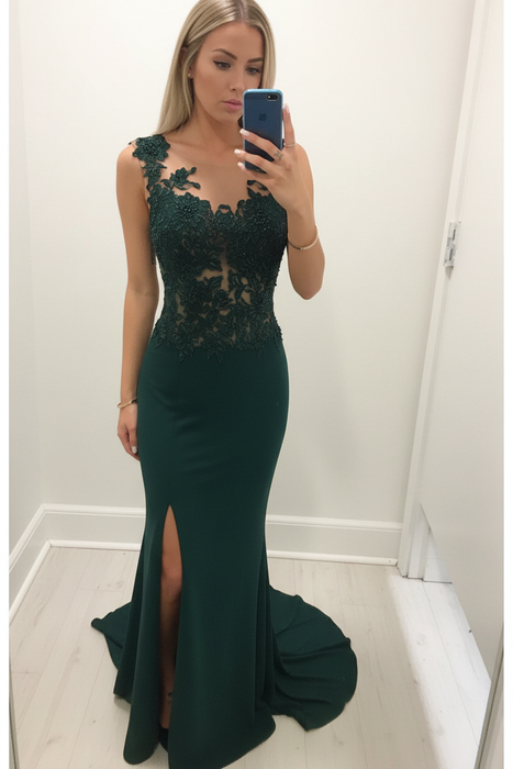 Dark Green Sheath/Column Scoop Sleeveless Applique Chiffon Dresses - Prom Dresses