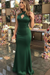 Dark Green Sheath Sleeveless Halter Floor-Length With Ruffles Satin Dresses - Prom Dresses