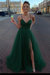 Dark Green Simple A Line V Neck Tulle Long Prom Dresses with High  Split