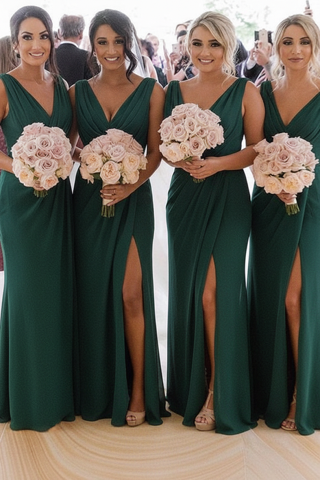 Dark Green Simple V Neck Sleeveless Sheath Pleated Chiffon Bridesmaid Dress with Split
