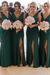 Dark Green Simple V Neck Sleeveless Sheath Pleated Chiffon Bridesmaid Dress with Split
