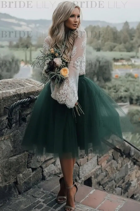 Dark Green Simple Wedding Dress A Line Designed Neckline Lace Tulle Bridal Gowns