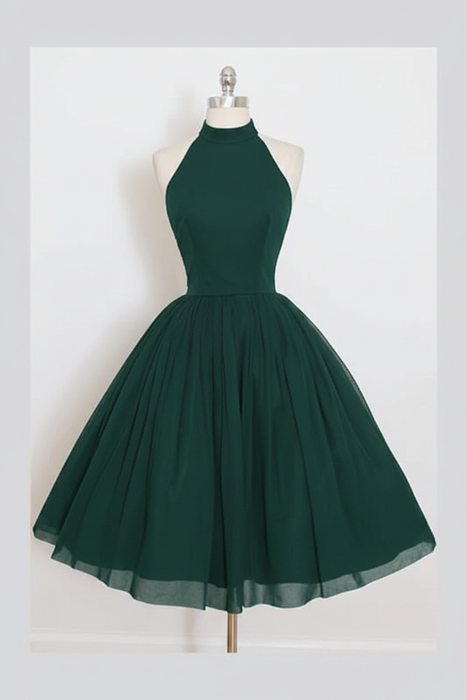 Dark Green Sleeveless Homecoming Simple Halter Party Dresses Tea Length Graduation Dress