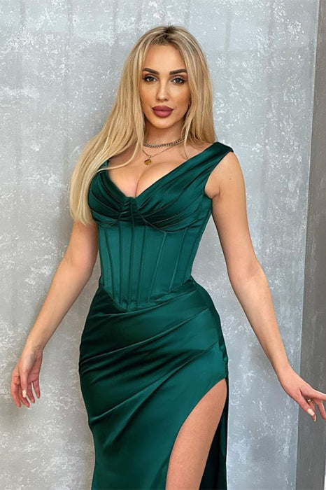 Dark Green Sleeveless V-Neck Mermaid Evening Dress with Split