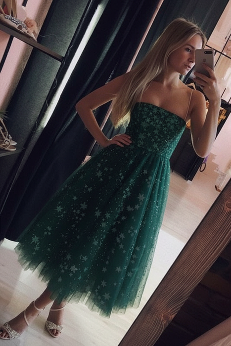 Dark Green Spaghetti Strap Tea Length Tulle Homecoming Dress Midi Prom Dresses - Prom Dresses