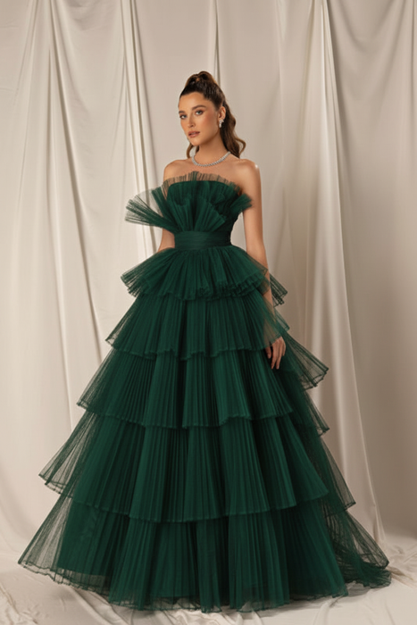 Dark Green Strapless Mermaid Evening Gown with Layers and Sleeveless Design