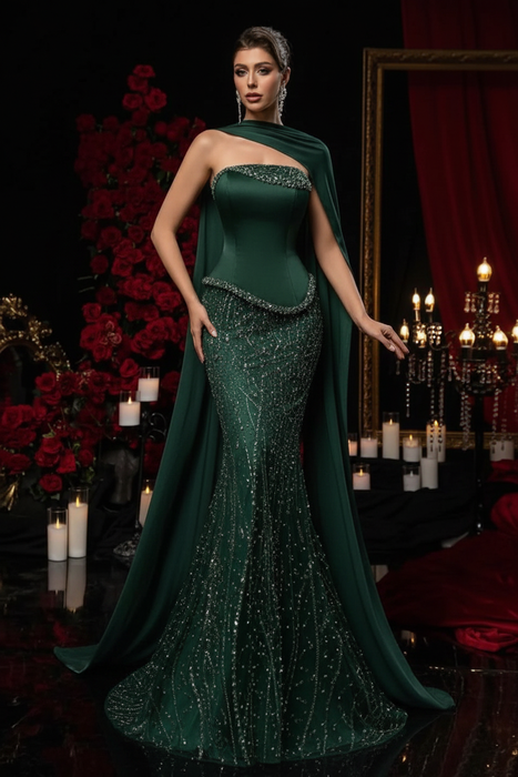 Dark Green Charming Strapless Beadings Satin Prom Dress Mermaid with Cape