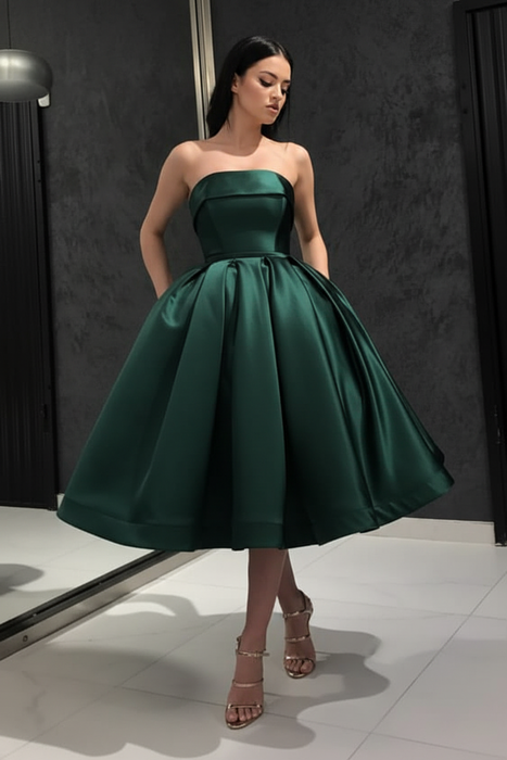 Dark Green Strapless Tea Length Prom Dress Sleeveless Aline Homecoming Dress Satin Cocktail Dress